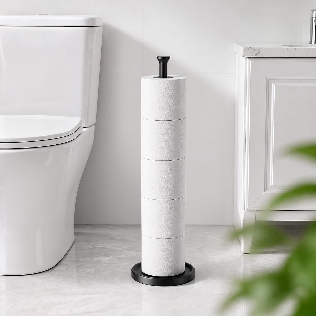 Toilet Paper Holder Stand, Free Standing Storage, Stainless Steel, Black