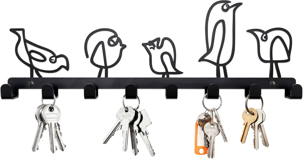 Whimsical Bird Key Holder Wall Hooks - 5 Abstract Bird Coat Hooks, Metal Decorative Wall Organizer for Entryway/Bedroom (12"x5", Black)