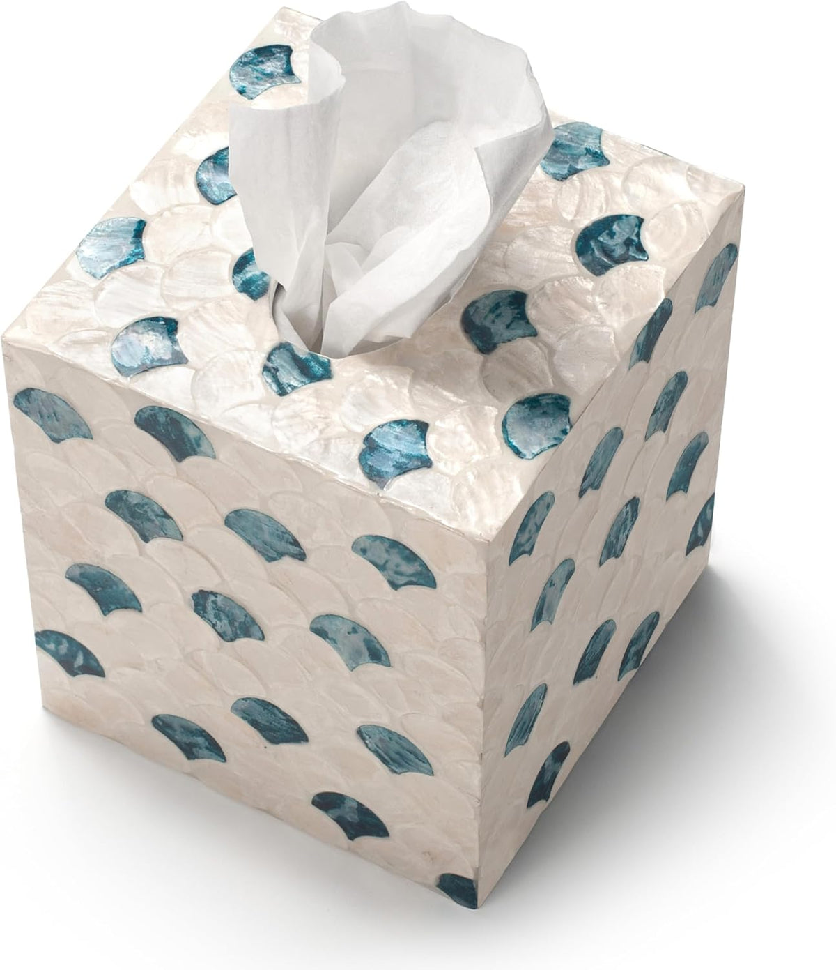 YANGQIHOME Capiz Shells Tissue Box Cover, Handmade Decorative Tissue Box Holder with Mother of Pearl, Square Facial Tissue Holder for Bathroom, Living Room, Kitchen, 5.5" x 5.5" x 5.9" (Blue Tide)