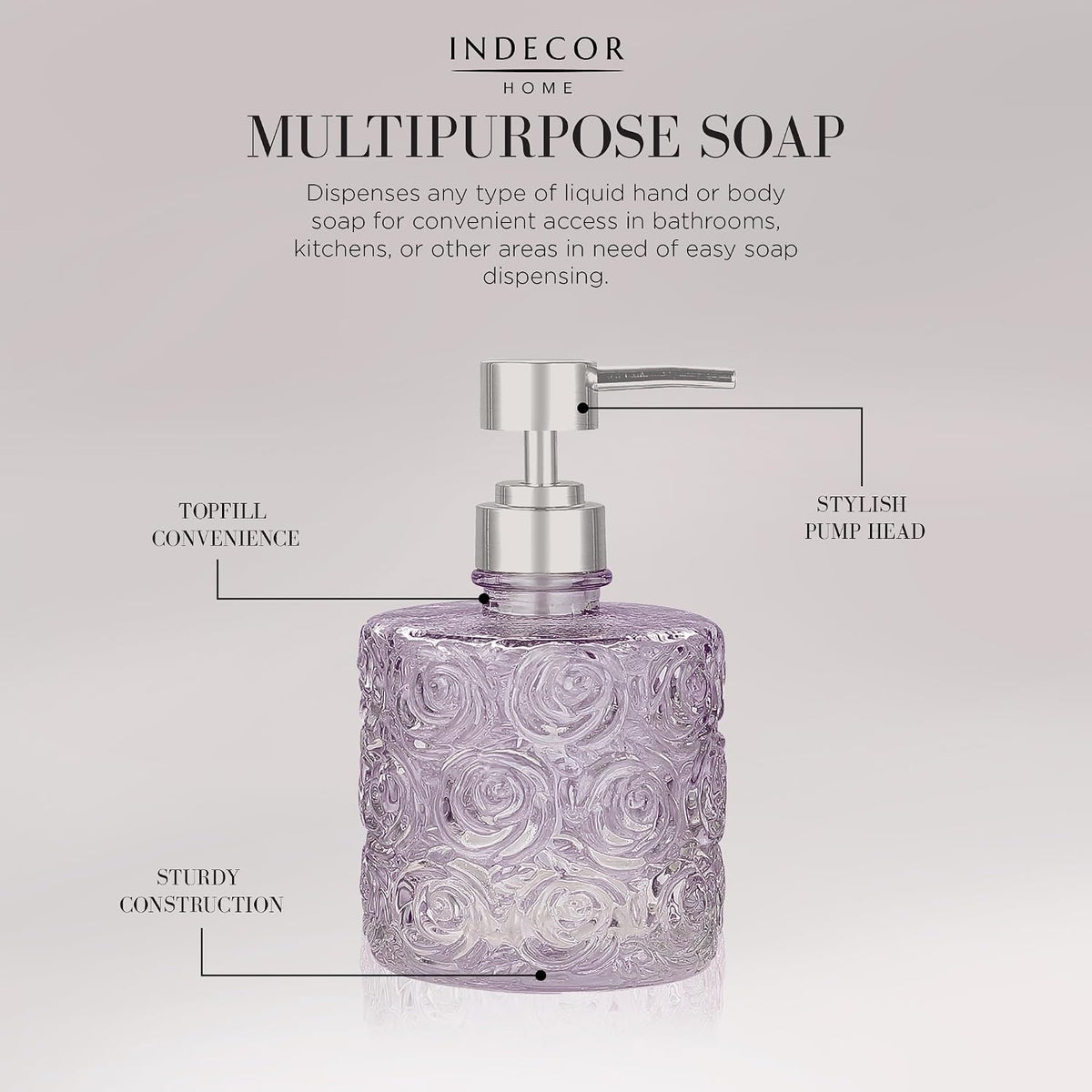 Marcella Glass Soap Dispenser with Soap Pump, Refillable 14 Ounce Capacity, Floral Design Rose Patterns, Heavy Weight Thick Glass for Bathroom, Premium Kitchen Soap Dispenser Lavender