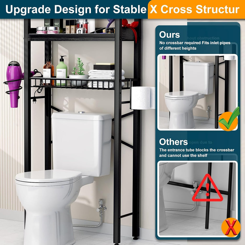 Over The Toilet Storage Cabinet,4 Tier Bathroom Organizer and Storage With Adjustable Shelf Waterproof Feet Pad and Basket Multifunctional Space Saver Freestanding Bathroom Shelves With Dividers Black