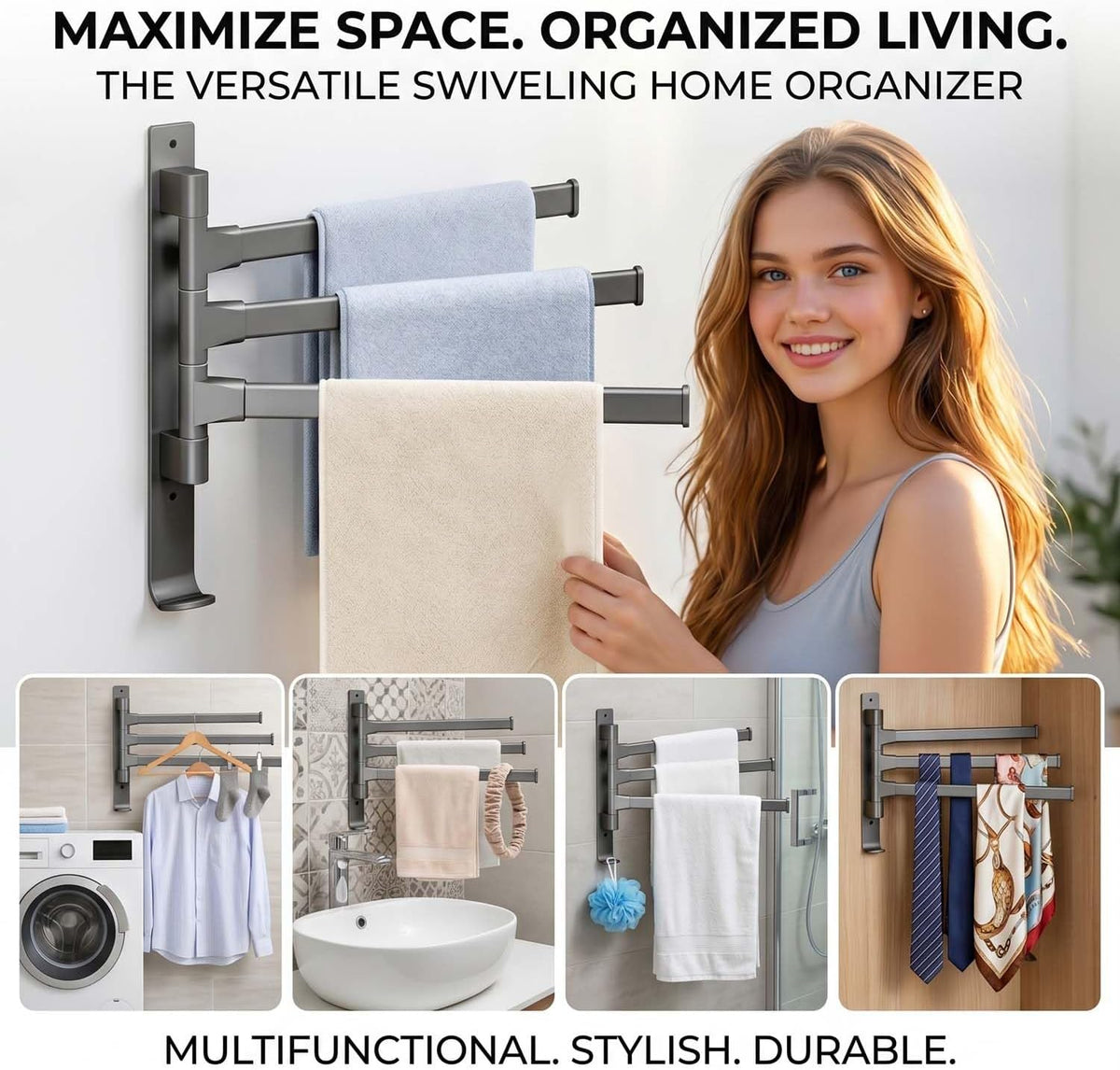 Wall Mounted Swivel Towel Rack No Drill for Bath Small Space Renters