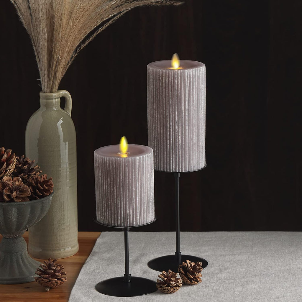 Luminara - Flameless Flickering Real Wax Moving Flame Battery Operated Unscented Candle LED Décor & Gift- Embossed Pillar Collection - Everyday Metallic Furrow, Grey (3.25" x 4.5")