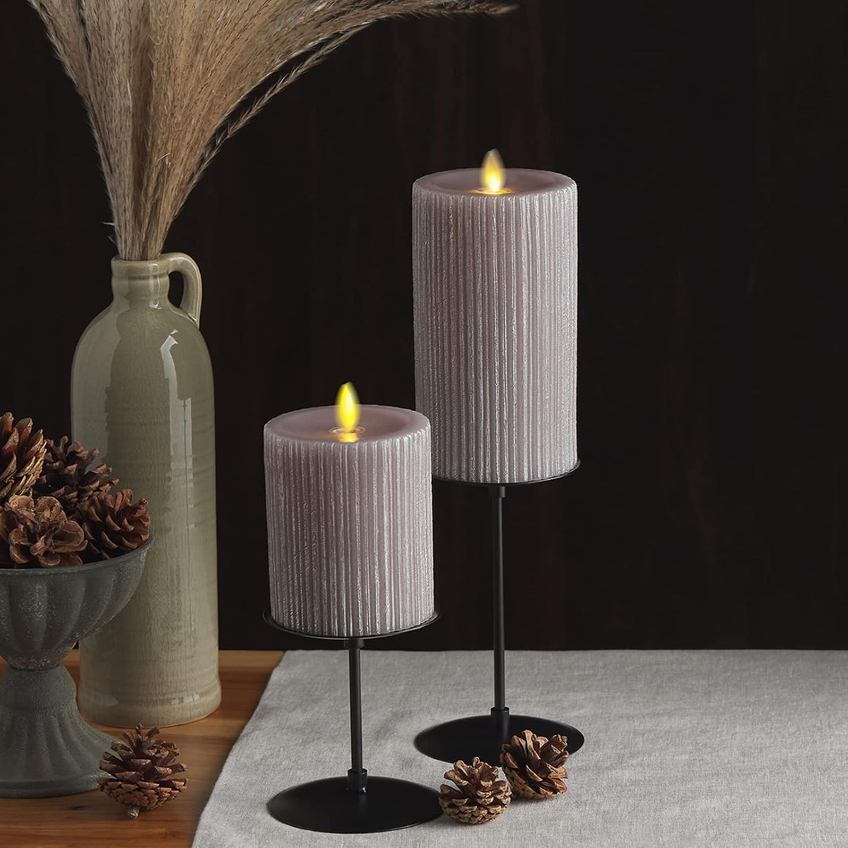 Luminara - Flameless Flickering Real Wax Moving Flame Battery Operated Unscented Candle LED Décor & Gift- Embossed Pillar Collection - Everyday Metallic Furrow, Grey (3.25" x 4.5")