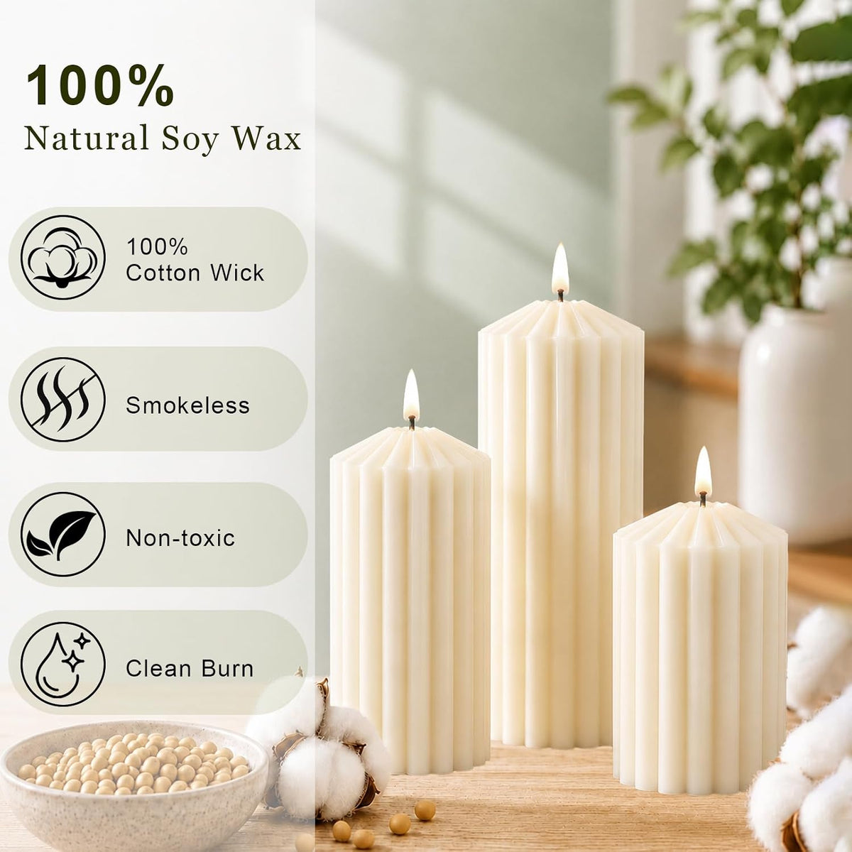 Cream White Ribbed Decorative Pillar Candles, 3 Pack,2.8 x 4/6/8 in,Soy Wax