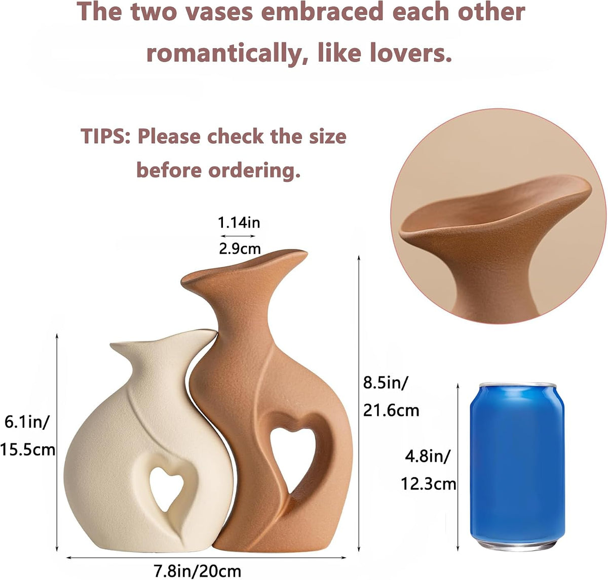 Beige and Brown Ceramic Vase Set of 2，Heart Shaped Home Decor