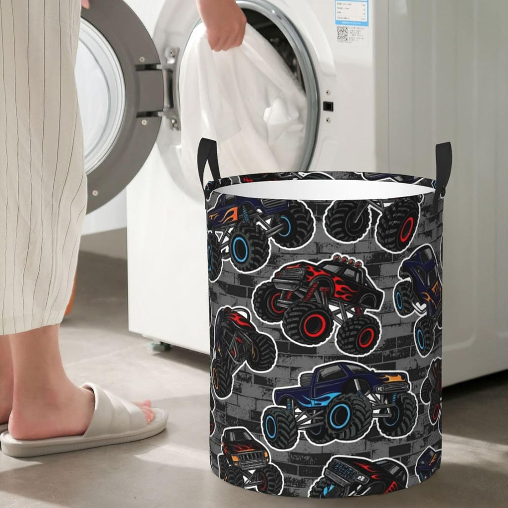 Monster Truck Boys Style Round Laundry Hamper Storage Basket Toys Clothes Organizer Bin For Home Bathroom Bedroom Dorm Nursery, 38l