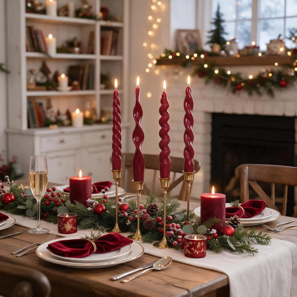 Spiral Taper Candles Red Short Candle Sticks Unscented Smokeless Twisted Candlesticks for Seasonal Home Decor Christmas Table Decor-7.5inch-4pack