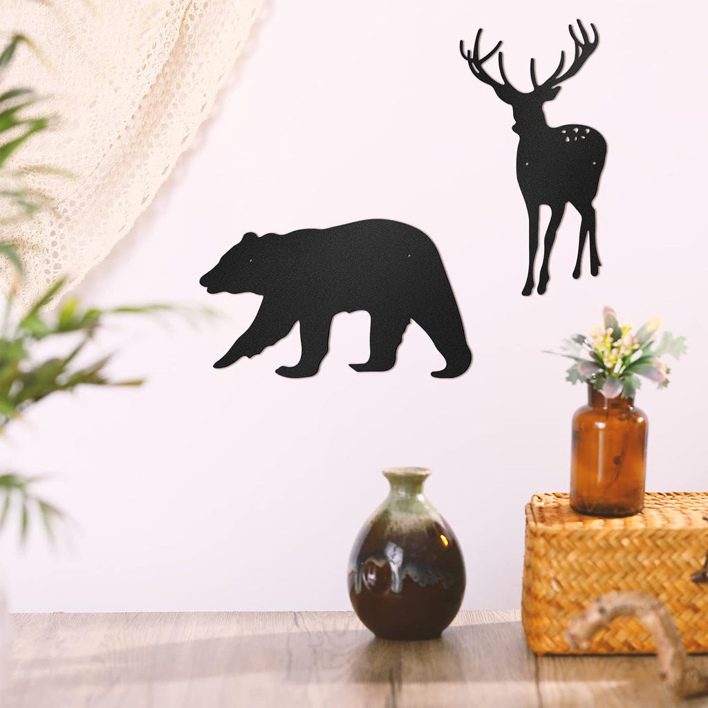 Moxweyeni 6 Pcs Metal Pine Tree Wall Art, Deer Bear Decor, Black