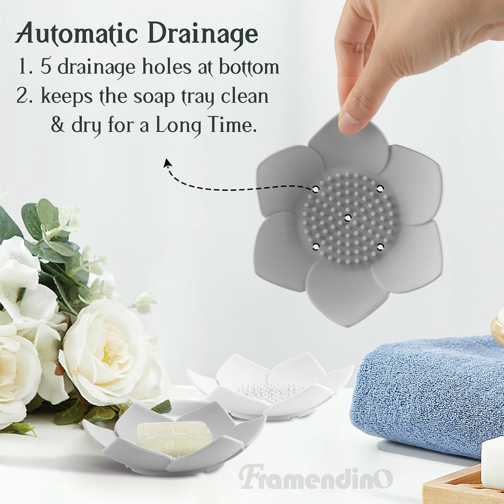 Framendino, 4 Pack Silicone Soap Dishes, Flexible Non-Slip Floral Shaped Design Self-draining Sponge Bar Holder Flower Shape Saver for Shower Bathroom Kitchen Sinks