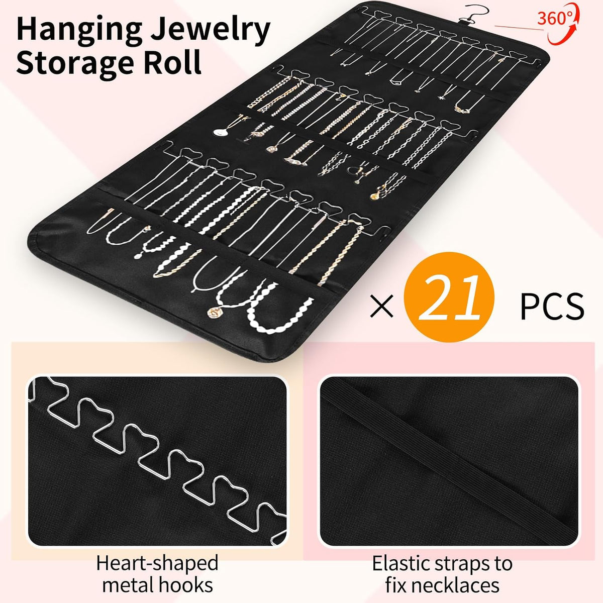 Bloss Hanging Jewelry Organizer with 48 Pockets, Double-Size Hanging Jewelry Holder with Hanger Hooks, Jewelry Organizers and Storage for Earrings, Necklaces and Rings.(All Black)