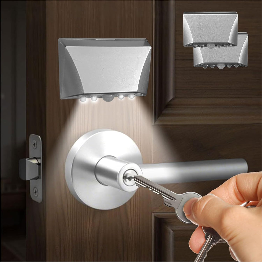 Motion Sensor Keyhole Light, Wireless Battery Operated LED Night Light for Door Lock, Cabinet & Stairway, Auto On/Off Infrared, Magnetic/Adhesive/Screw 3-Way Mount, Silver, 2 Pack