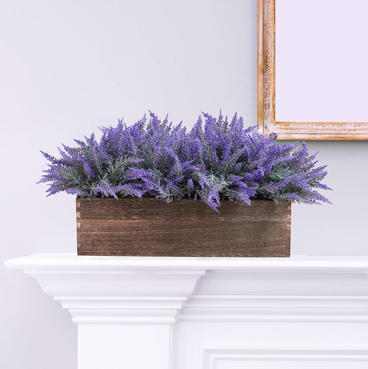 Winlyn 14" Artificial Lavender Flowers Plants in Rectangular Wooden Planter Box Faux Frosted Lavender Potted Arrangements Floral Centerpiece for Farmhouse Home Wedding Table Centerpiece Mantel Décor
