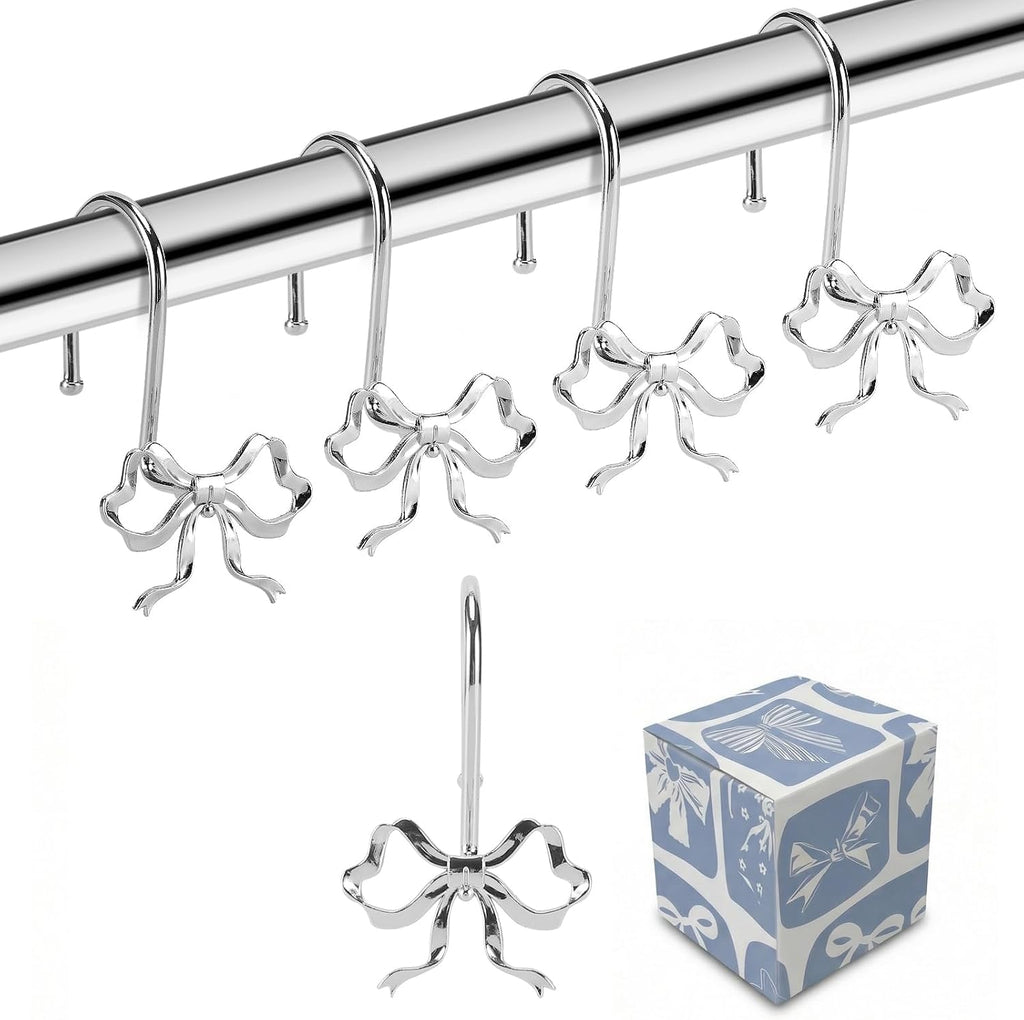 Bow Shower Curtain Hooks, 12-Pack Silver Metal Decorative Bow Knot Rings