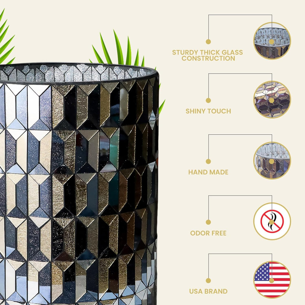 Escenzy Black Gold Bathroom Trash Can, Handmade Mosaic Glass 1.3 Gal / 5L | Decorative Waste Basket for Bathroom, Bedroom, Office | Luxury Black Gold Bathroom Decor | Glam Home Decor Gift