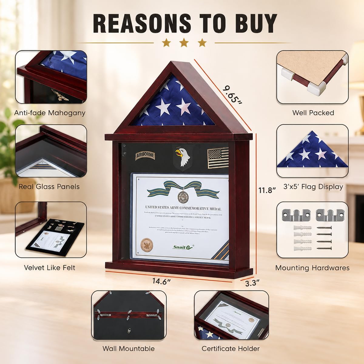 Snail Flag Display Case Military Shadow Box for a Folded Army 3'x5' Flag