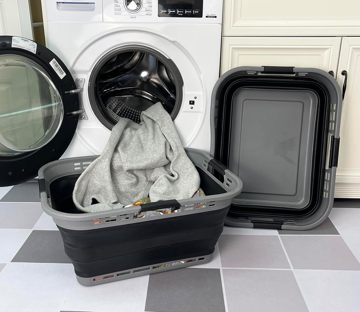 SAMMART Set of 2 Collapsible Plastic Storage Basket - Foldable Pop Up Storage Container - Portable Laundry Organizer - Space Saving Hamper (Grey/Black, 42L (Style A))