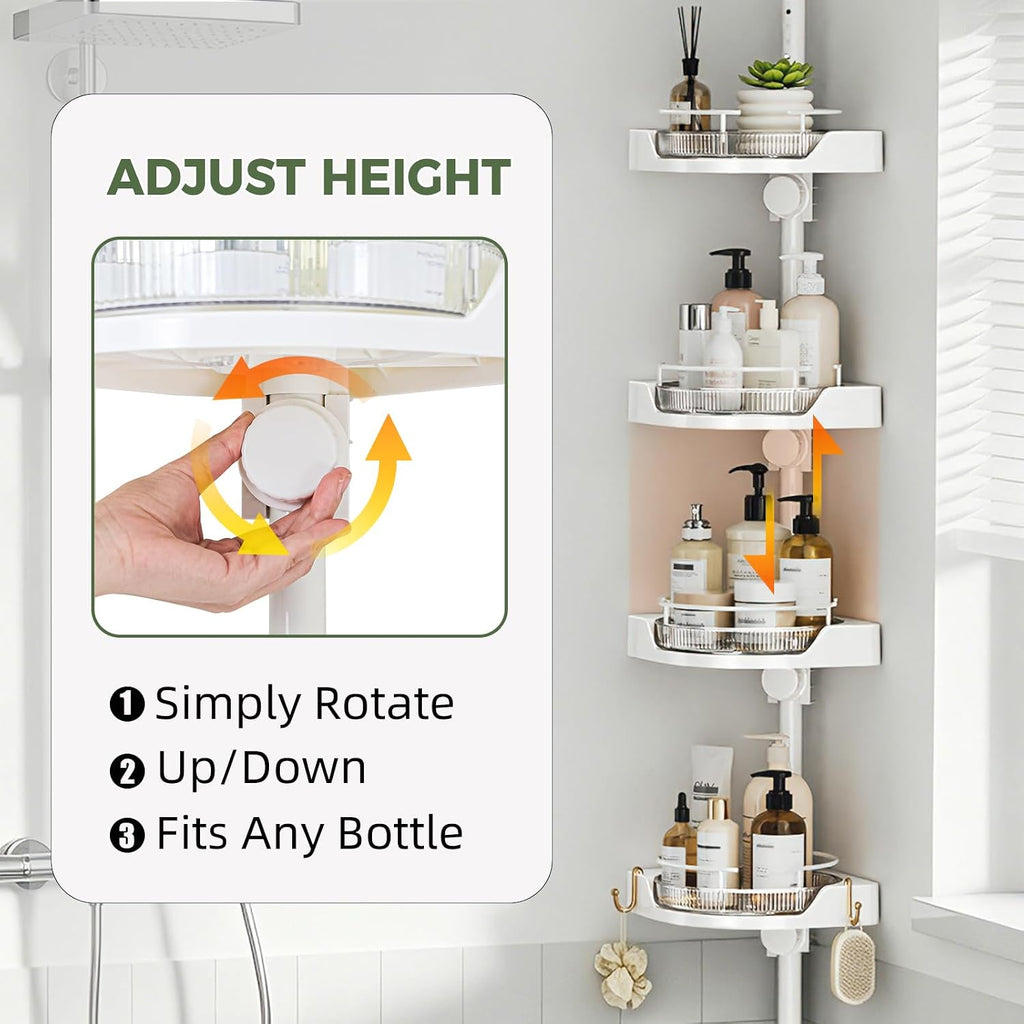 360°Rotating Corner Shower Caddy Organizer Tension Pole,White