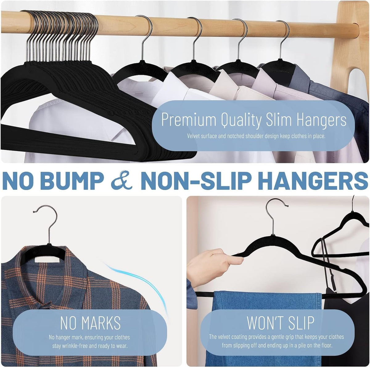 HOUSE DAY Black Velvet Hangers 60 Pack, Non Slip Felt Hanger, Slim Velvet Clothes Hangers for Suits, Shirt, Heavy Duty Coat Hanger for Closet