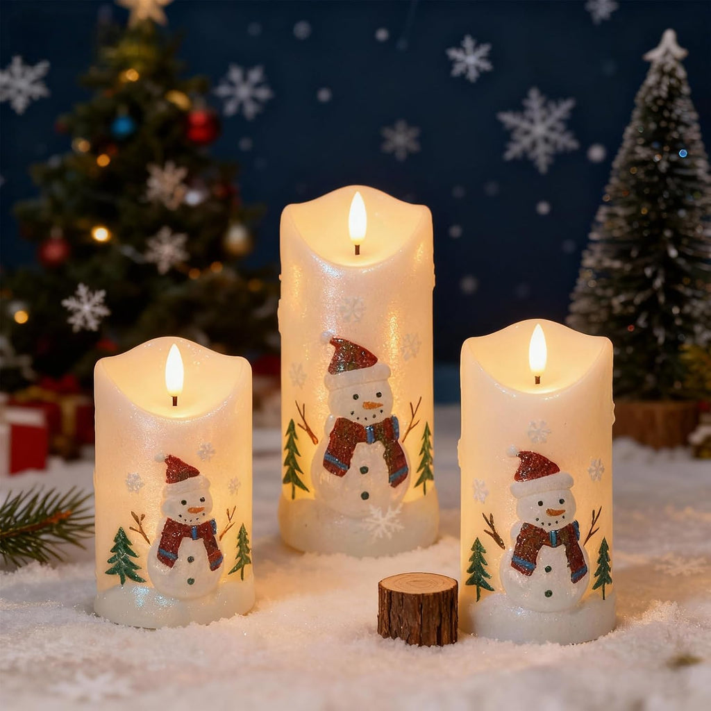 Eldnacele Snowman Relief Christmas Flameless Candles with Remote and Timer