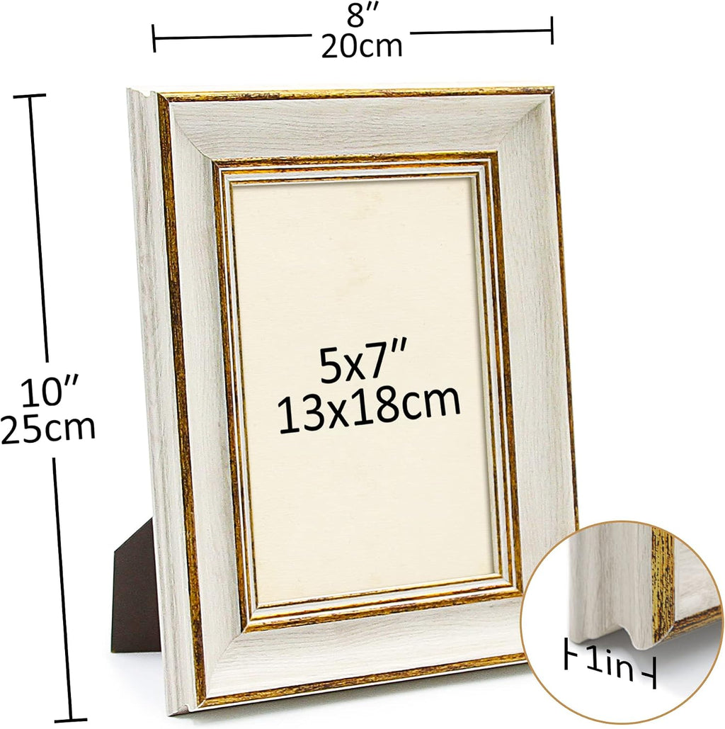 Sapowerntus Vintage 5x7 Picture Frame White Distressed Gold Edging Photo Frames
