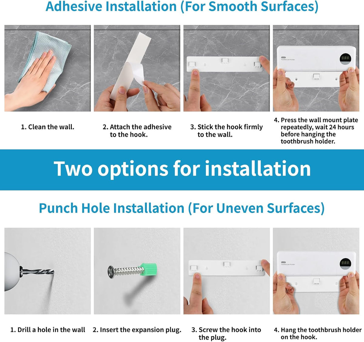 UV Toothbrush Sanitizer Holder w/Charger & 3 Premium Toothbrushes