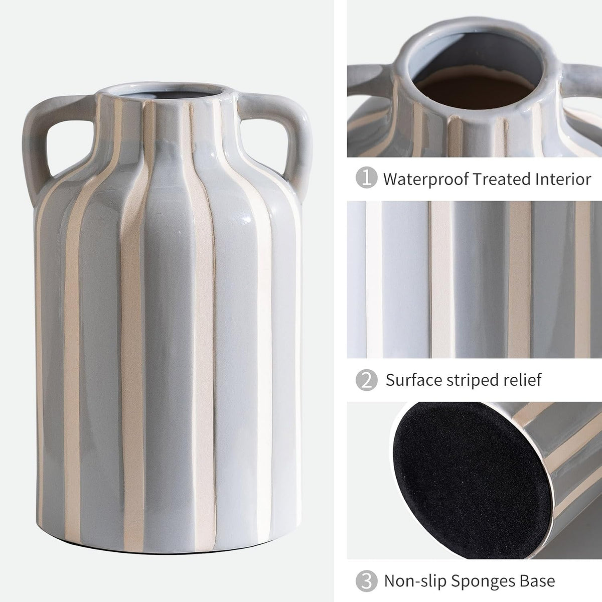 SURE YUESI Grey Ceramic Vase with Handles, Modern Farmhouse Striped Decorative Vase, 9.1" Art Deco Tall Flower Vases for Pampas Grass, Shelf Decor, Dining Table Centerpiece, Living Room Home Decor