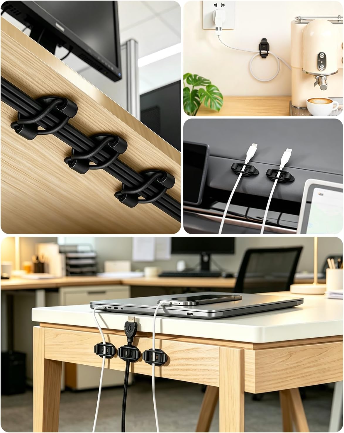 OneLeaf 10-Pack Adhesive Cable Management Clips, Desk Cable Clips, Black