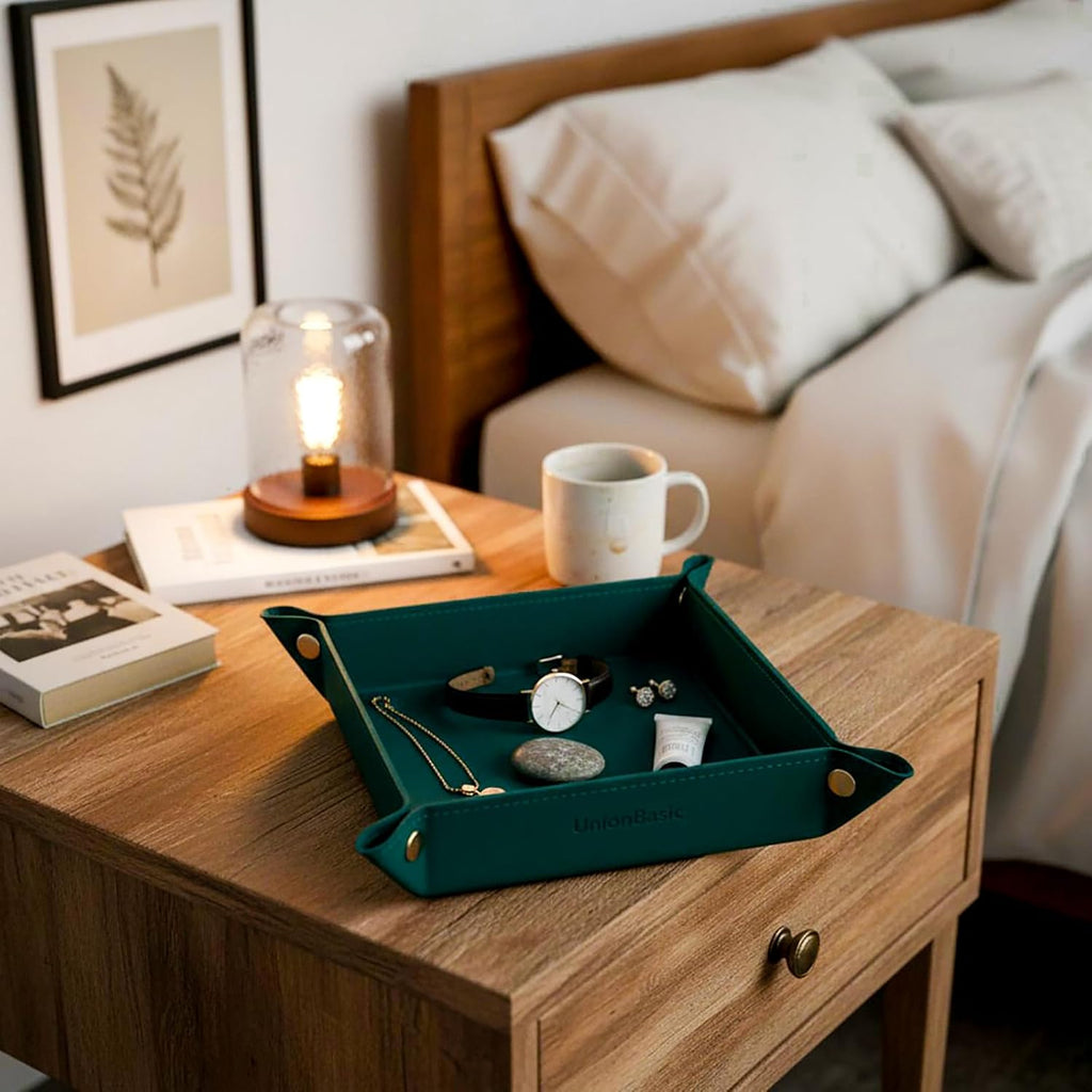 UnionBasic Valet Tray, Jewelry Tray for Rings Watches Earrings, Entryway Catchall Caddy for Coins Keys Change, Nightstand Organizer Bedside Valet Holder, Trays for Electronic Gadgets, Vintage Green
