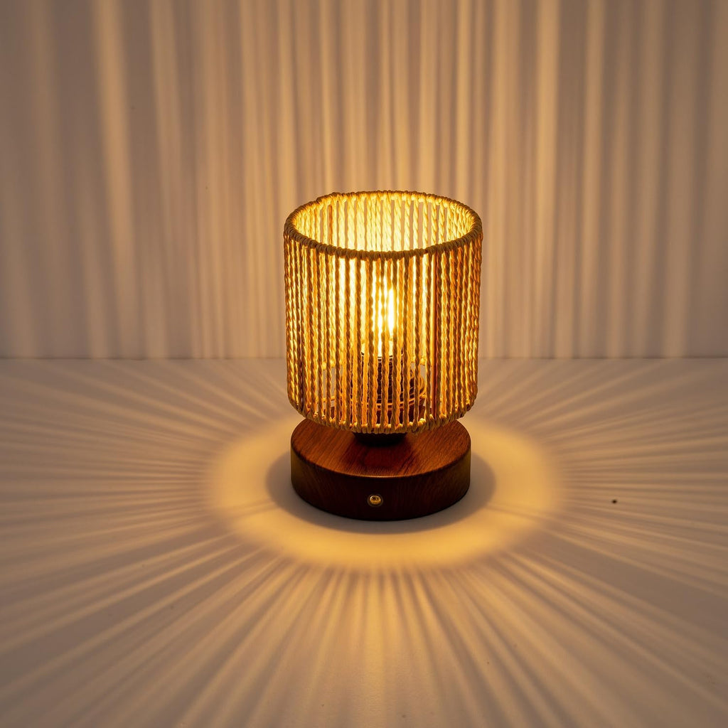 Cordless Rattan Table Lamp, 5000mAh Rechargeable Battery Operated Bedside Lamp with Edison Bulb, Stepless Dimmable Boho Cylinder Desk Light for Bedroom Living Room