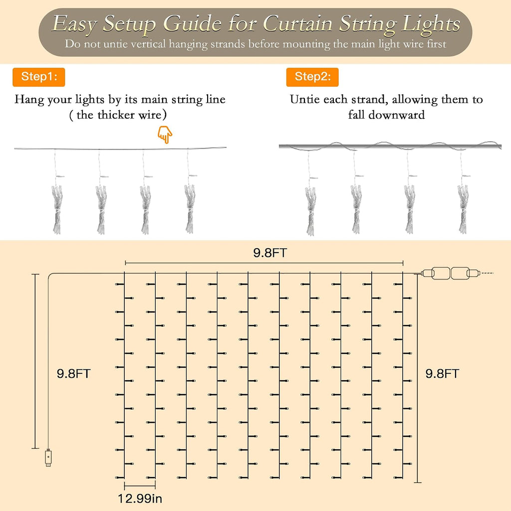 Curtain String Lights 300LED 9.8x9.8FT, Warm White, IP44, 9.8FT Lead