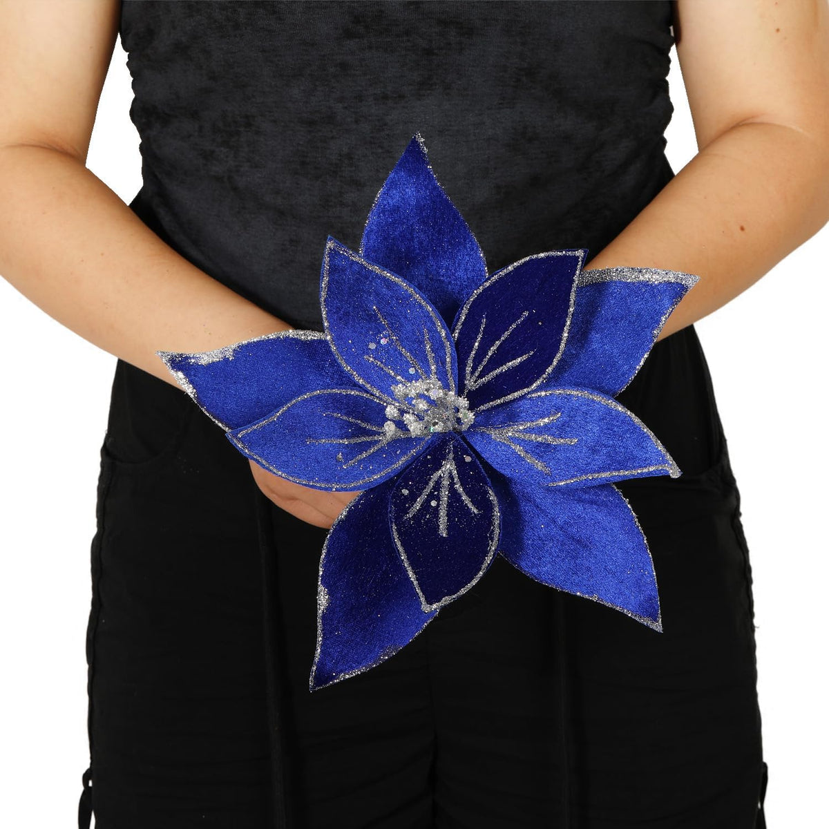 10.2’’ Large Glitter Christmas Flowers 6 Pcs Artificial Poinsettia Flower Velvet Christmas Tree Flower Ornaments Fold Floral for Christmas Decorations New Year Party Wedding (Blue)