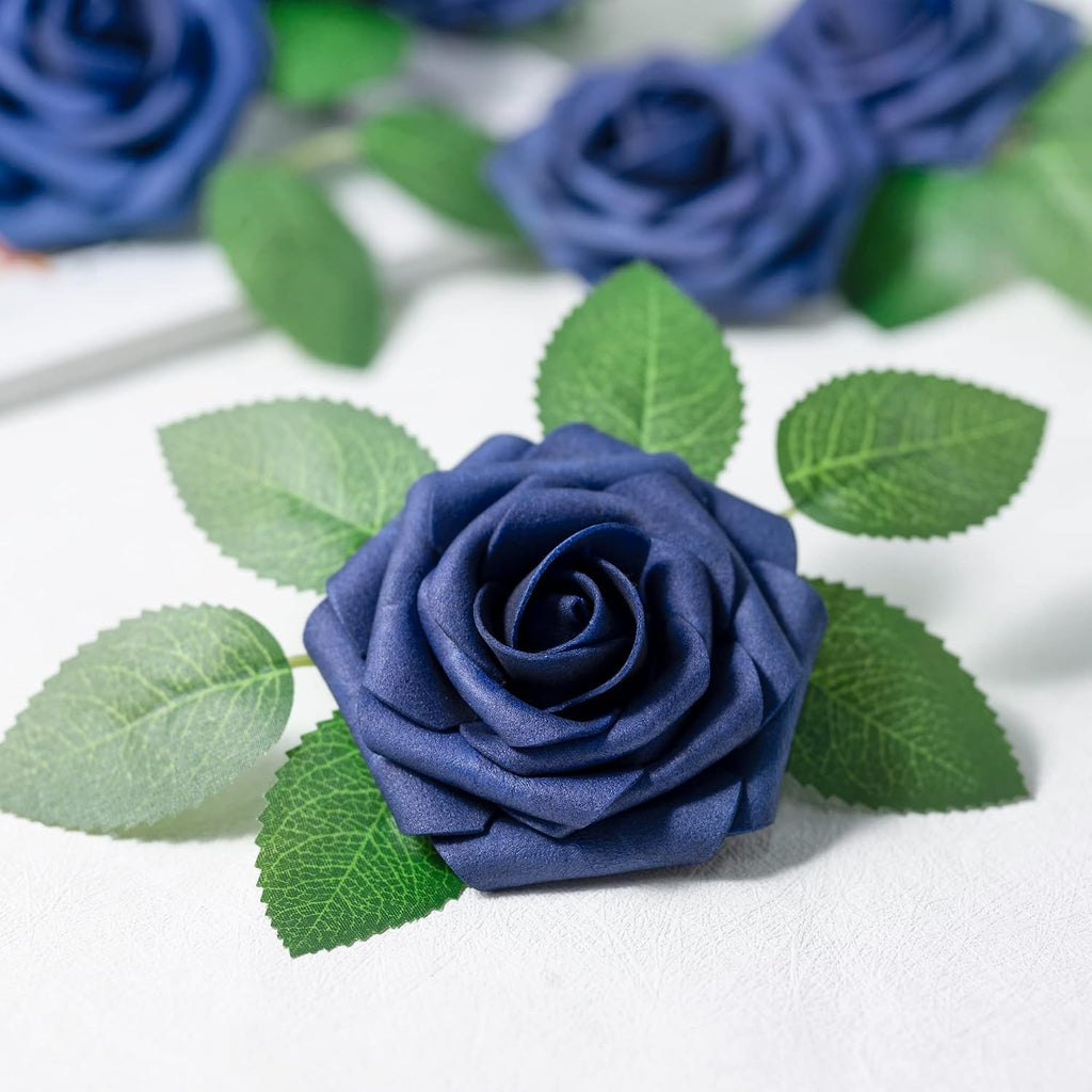 Mocoosy 50Pcs Roses Artificial Flowers, Navy Blue Fake Roses for Decorations, Real Touch Foam Rose Bulk with Stems DIY Wedding Bouquet Bridal Shower Centerpieces Floral Arrangement Party Table Decor