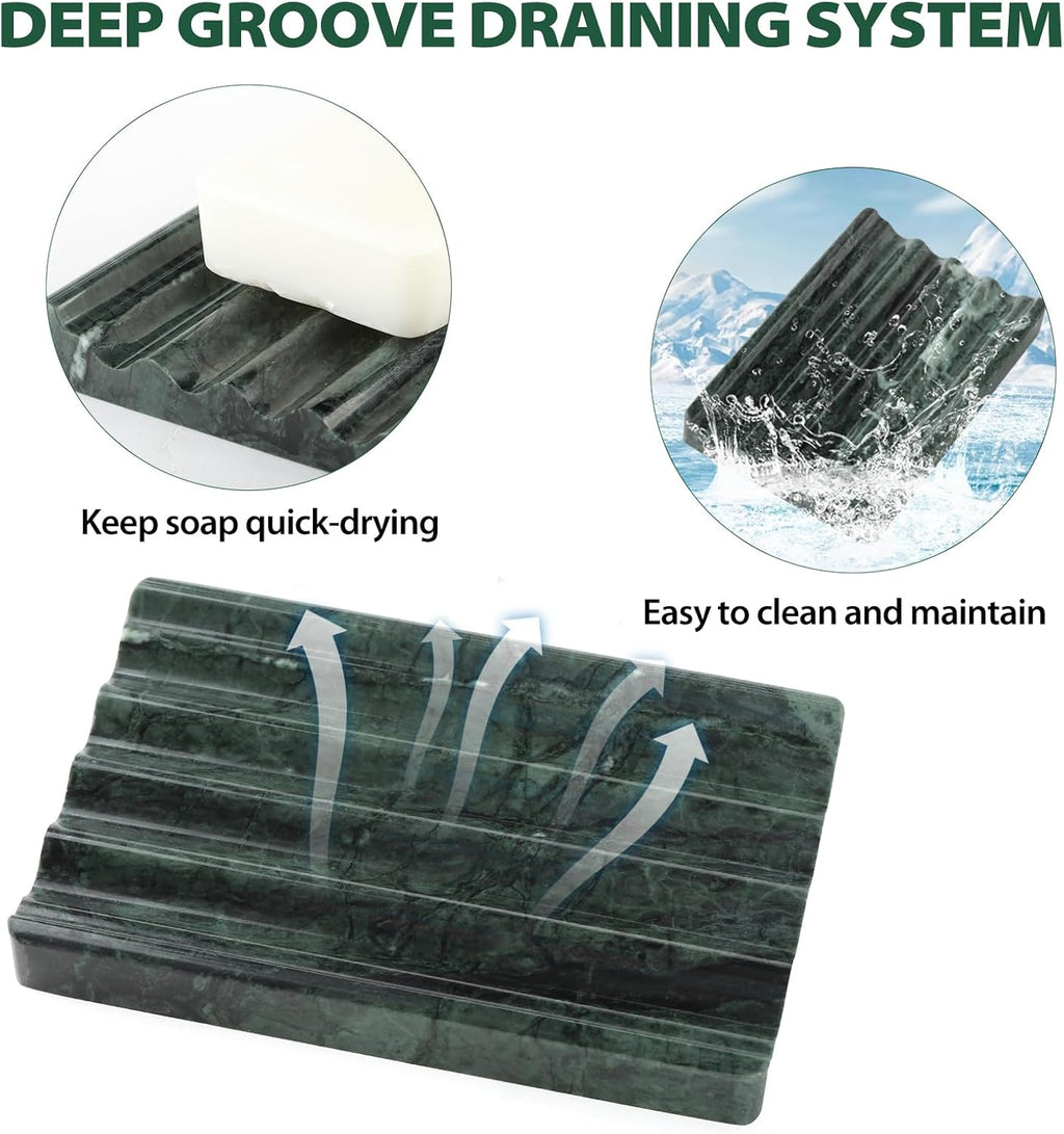 2PCS Koville Indian Natural Green Marble Soap Dish for Shower, Stone Soap Tray for Bathroom, Marble Bar Soap Holder for Sink, Stripe Grooves Soap Saver Sponge Holder