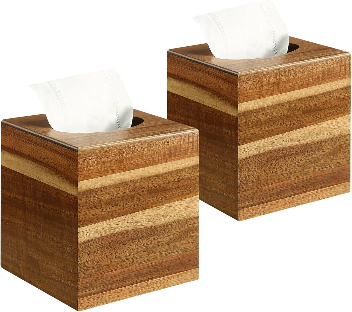2 Pack Wooden Tissue Box Cover Square - Acacia Wood Tissue Box Holder for Tabletop Stands Bathroom Office- Decorative Facial Wood Tissue Box Cover for Modern Farmhouse Decor-Retro Natural Wood Color