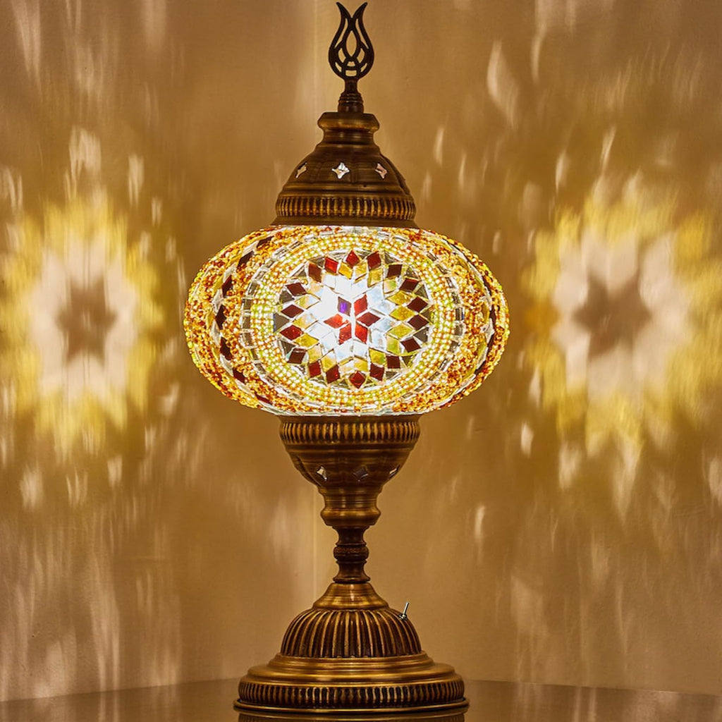 DEMMEX Battery-Operated Turkish Moroccan Mosaic Table Lamp – 12”H, 5”W, Portable Stained Glass Lantern for Indoor & Outdoor Use, Cordless Handmade Decorative Light for Bedroom, Patio & Camping, Amber