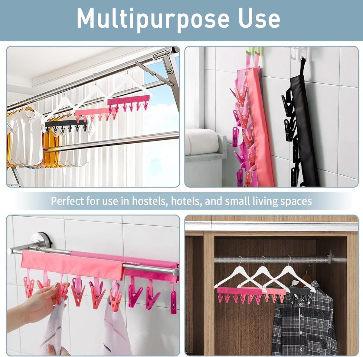 TamBee Portable Hanger Clips Travel Clothesline Travel Hangers Towel Drying Rack Clothing Hanger Folding Portable Sock Dock Swimsuit Drying Rack Hanger with 6 Clips Pack of 3 (Black)