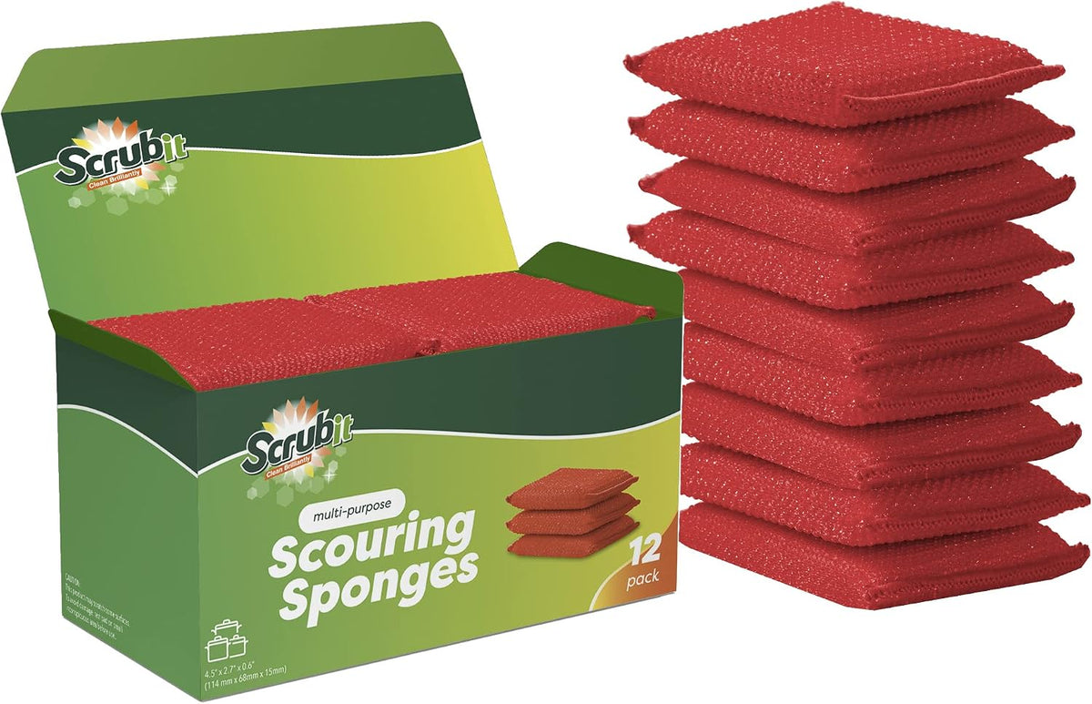 SCRUBIT Multi-Purpose Dish Scrub Sponge, Non Scratch Scouring Pads, Cleaning Sponges for pots, Dishes & Non-Stick Cookware - Pot Scrubber Sponges for Kitchen & Bathroom - 12 Pack Dish Sponge (Red)