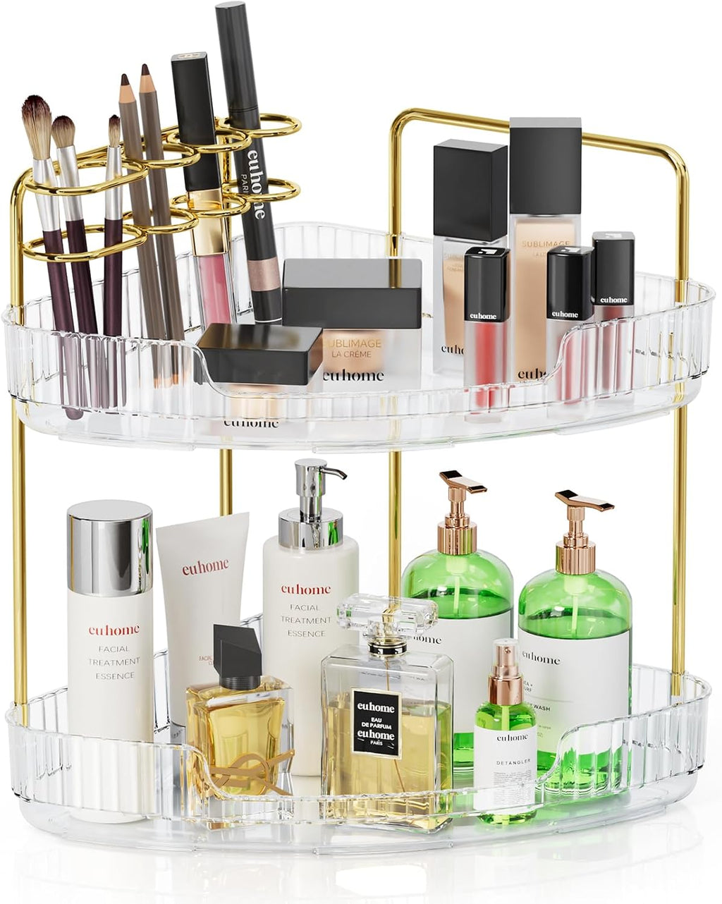 EUHOME 2-Tier Corner Bathroom Organizer Counter - Acrylic Makeup Skincare Organizer with Brush Holder, Perfume Tray for Countertop, Vanity, Dresser, Kitchen（Clear）