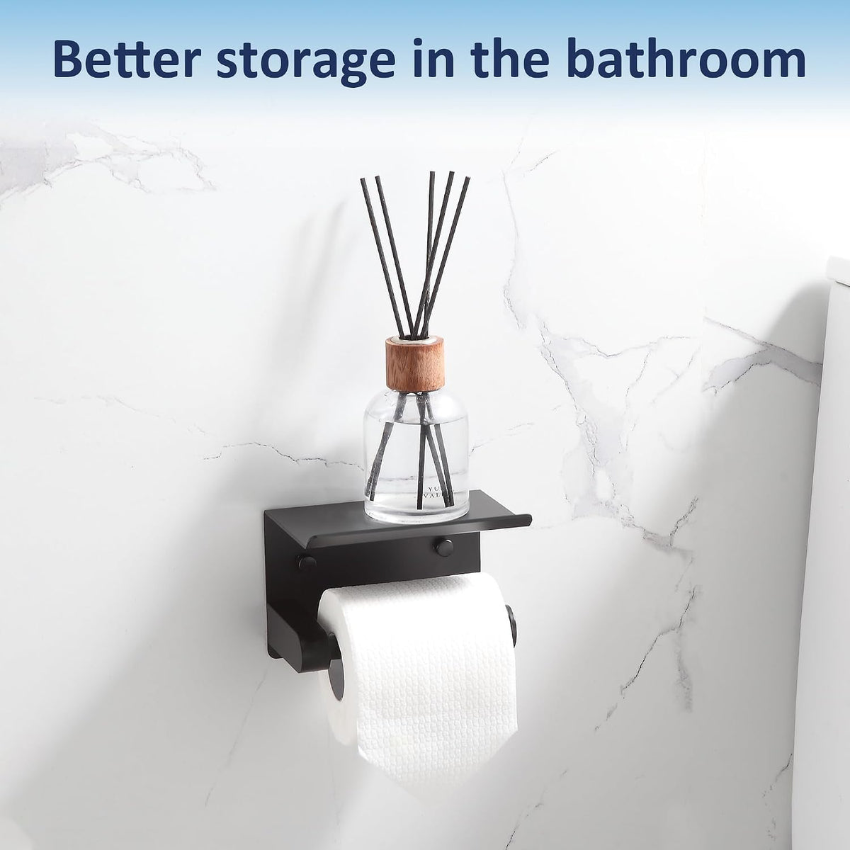 BGL Toilet Paper Holder with Shelf, Matte Black Rustproof Adhesive or Drill Installation Fits Mega Rolls Bathroom Tissue Holder