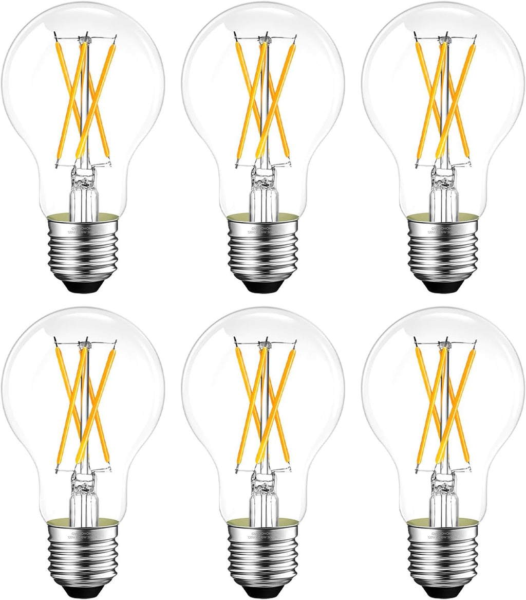GvvooHome Dimmable E26 LED Bulb 6W, 60 watt Equivalent, A19 Clear Glass LED Light Bulb 5000K Daylight, Vintage LED Edison Bulbs for Ceiling Fan, 90+CRI, 600LM, 6 Pack