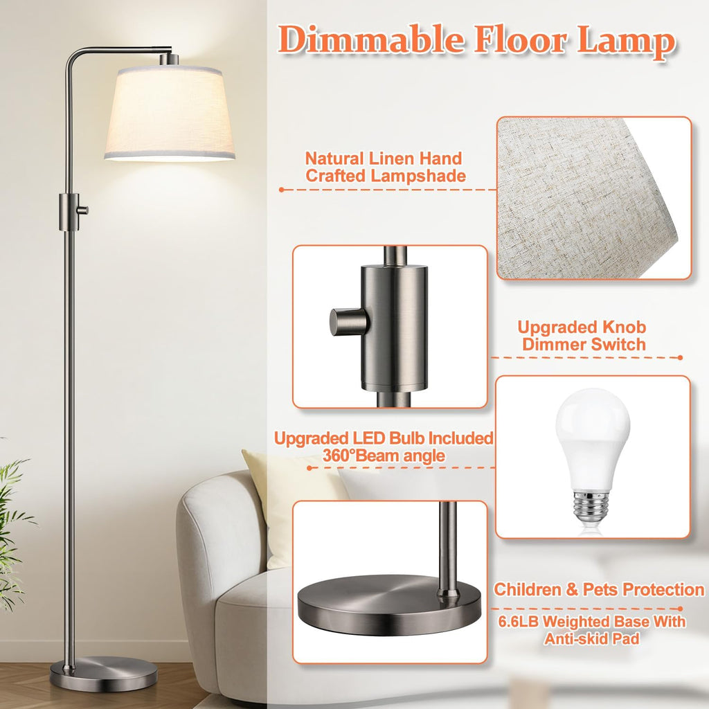 Nintiue 【Upgraded】 Dimmable Floor Lamp, 1000 Lumens LED Edison Bulb Included, Brushed Nickel Arc Floor Lamps for Living Room Modern Standing Lamp Tall Lamps for Living Room Bedroom