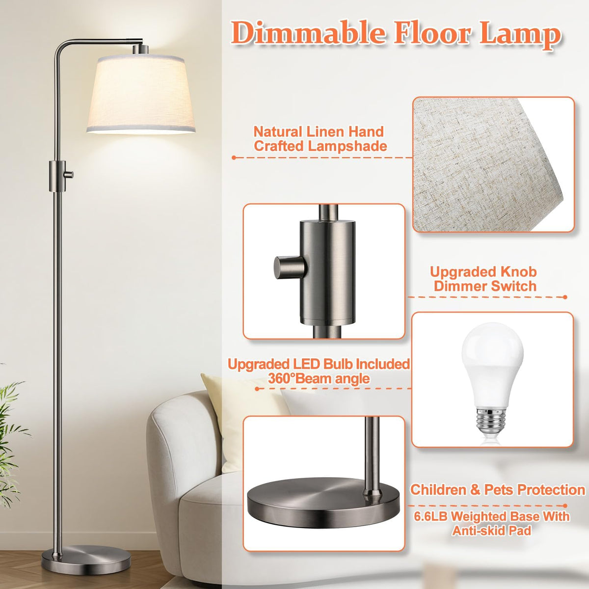 Nintiue 【Upgraded】 Dimmable Floor Lamp, 1000 Lumens LED Edison Bulb Included, Brushed Nickel Arc Floor Lamps for Living Room Modern Standing Lamp Tall Lamps for Living Room Bedroom