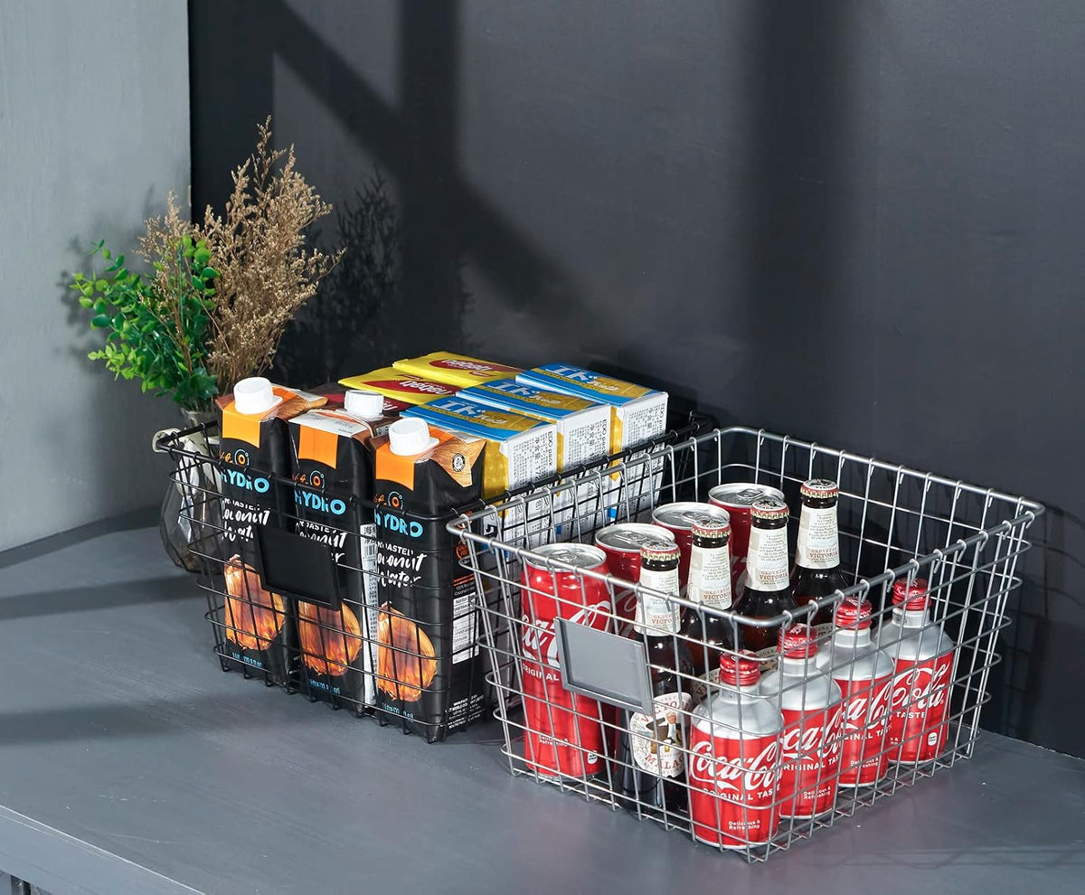 JUNCHU CHERRY 4 Pack【Extra Large】 Wire Handmade Storage Basket for Organizing Household Goods,Pantry Organization,Bathroom countertop,Laundry,Wardrobe Storage Basket,Black