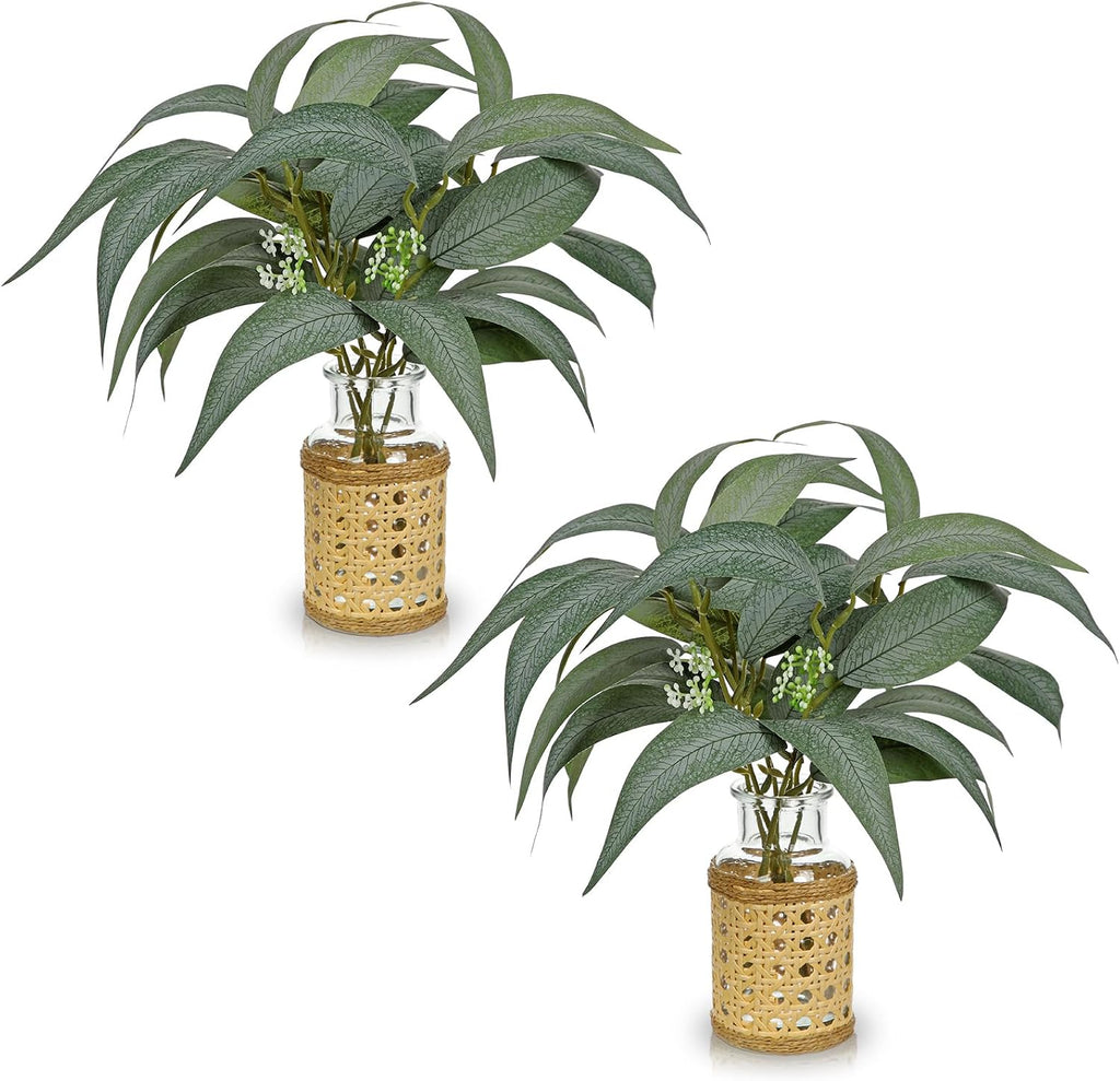 2Pcs Artificial Eucalyptus Stems in Glass Vase with Faux Water and Woven Basket 11" Fake Greenery Plant Willow Eucalyptus Leaves for Home Office Farmhouse Bedroom Kitchen Table Centerpiece Decor