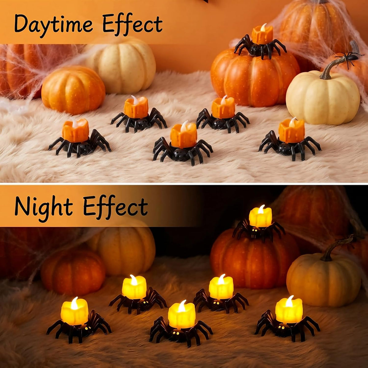 6 Pcs Halloween Spider Tea Lights Candles, Battery Operated Orange LED Flameless Spider Candles Holder Lights, Bright Spooky Halloween Decorations for Party Table Home Decor