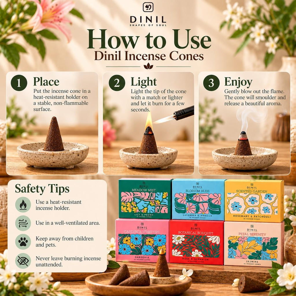 Dinil Floral Incense Cones Variety Pack, 60 Cones, 6 Floral & Herbal Scents
