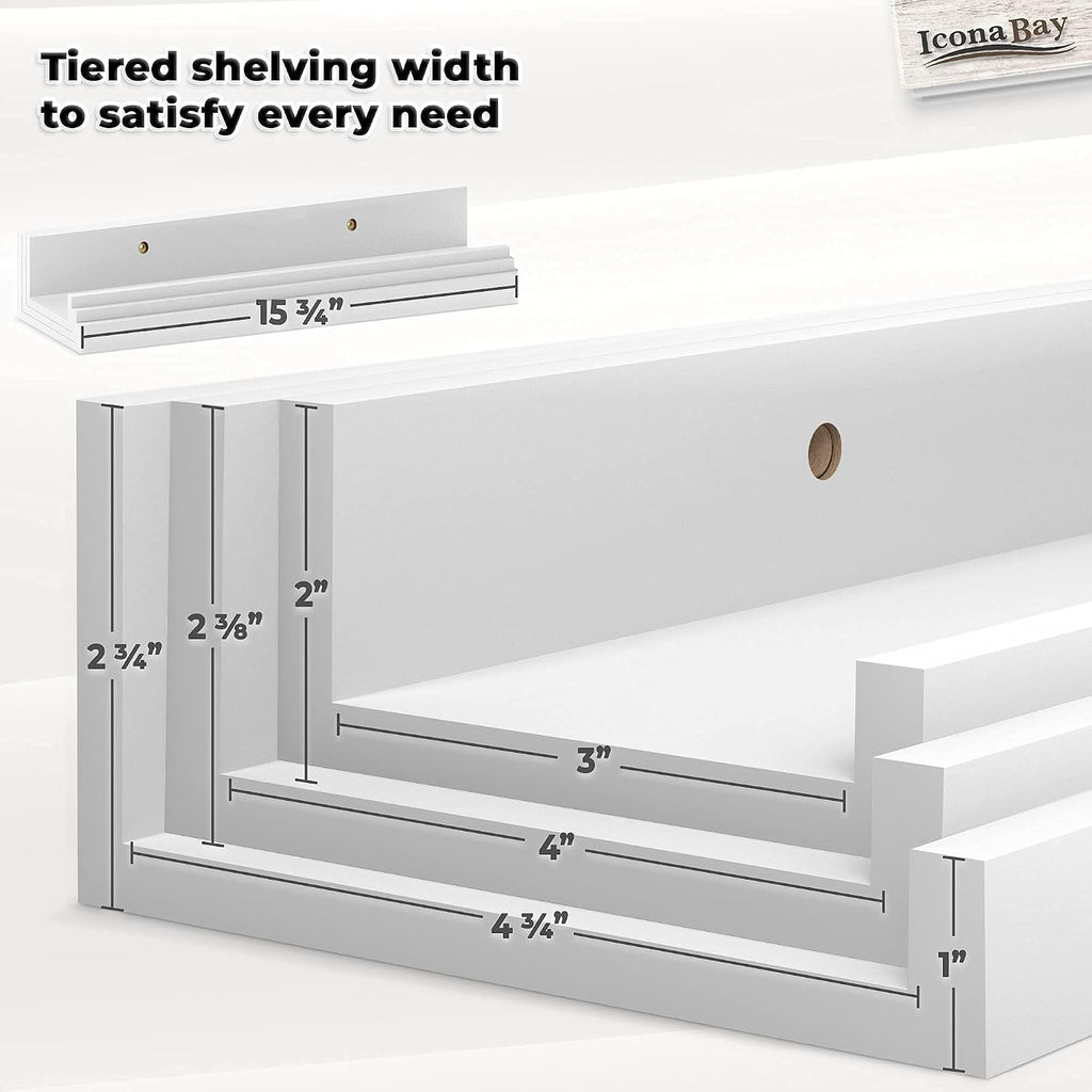 Icona Bay 16 Inch Floating Shelves for Wall - Set of 3 in Powder White - Modern Rustic Style - Wall Mounted Display Shelves - Picture Ledges