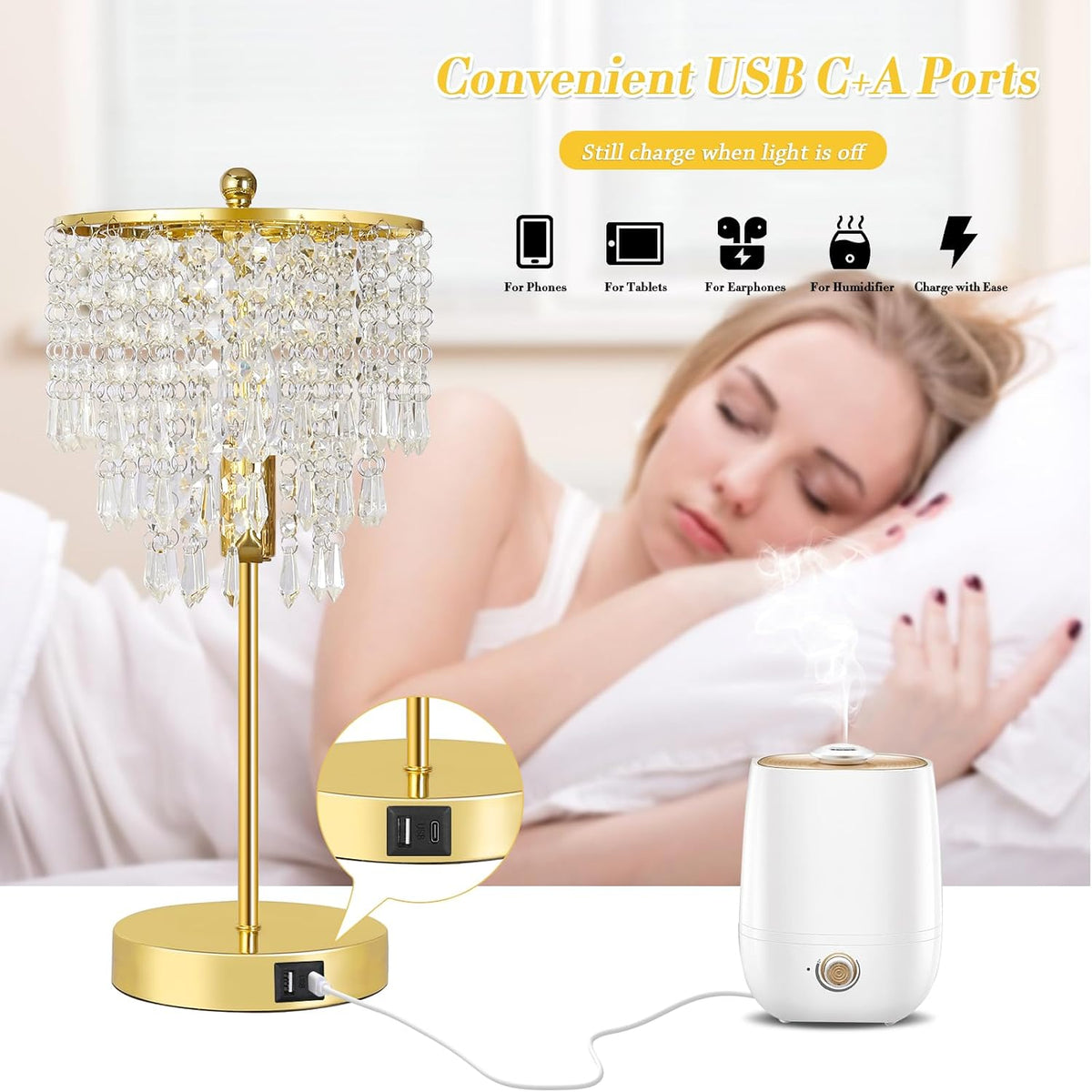 Crystal Table Lamp with USB C+A Ports, 3-Way Dimmable Touch Lamp, Gold Lamp
