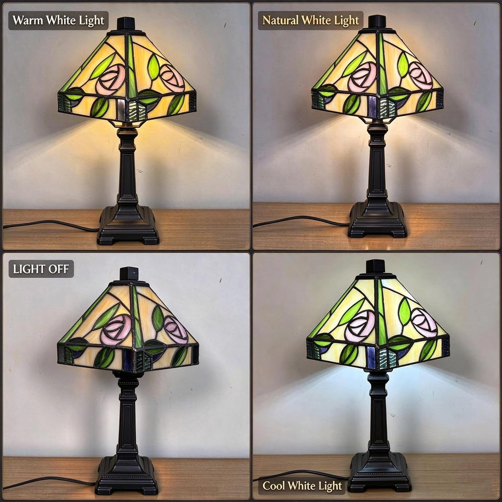 Tiffany Style Lamp Hand-Made Pink Rose Stained Glass Table Lamps